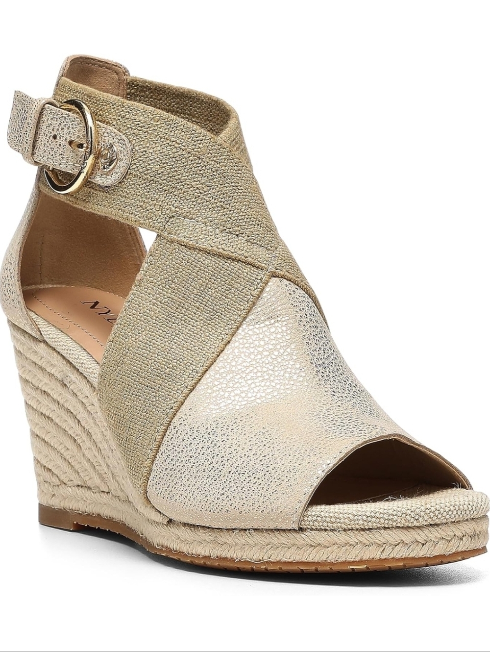 NYDJ NWT Women's Charisma Suede Peep-Toe Wedge Sandals Metallic Gold Size 8